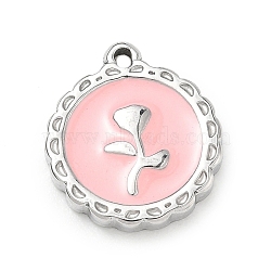 304 Stainless Steel Enamel Pendants, Flat Round with Rose Flower Pattern Charms, Stainless Steel Color, 18x16x3mm, Hole: 1.4mm(SA-CBA8A4A-04B-P)