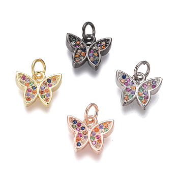 Brass Micro Pave Cubic Zirconia Charms, with Jump Rings, Butterfly, Colorful, Mixed Color, 9.5x11x2mm, Hole: 3mm