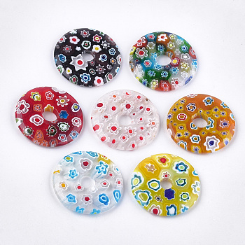 Handmade Millefiori Lampwork Pendants, Donut/Pi Disc, Mixed Color, Donut Width: 17.5~18.3mm, 44.5~45x6mm, Hole: 8~10mm