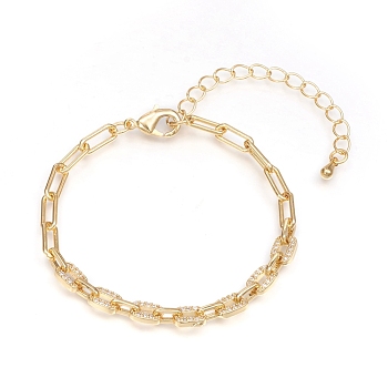 Brass Paperclip Chains Bracelets, with Clear Cubic Zirconia and Lobster Claw Clasps, Long-Lasting Plated, Golden, 6-1/4 inch(16cm)