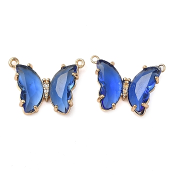 Brass Pave Faceted Glass Connector Charms, Golden Tone Butterfly Links, Blue, 17.5x23x5mm, Hole: 0.9mm