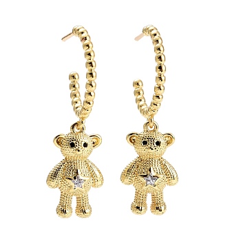 C-Shape with Bear Cubic Zirconia Dangle Stud Earrings, Real 18K Gold Plated Brass Long Drop Half Hoop Earrings for Women, Lead Free & Cadmium Free, Clear, 39x19mm, Pin: 0.9mm