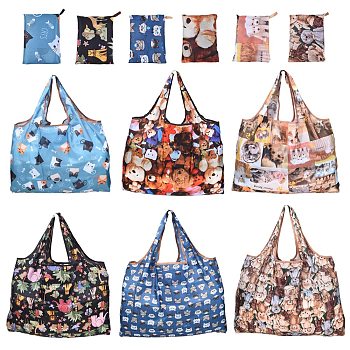 6Pcs 6 Styles Foldable Eco-Friendly Nylon Grocery Bags, Reusable Waterproof Shopping Tote Bags, with Pouch and Bag Handle, Mixed Patterns, 52.5x60x0.15cm, 1pc/style