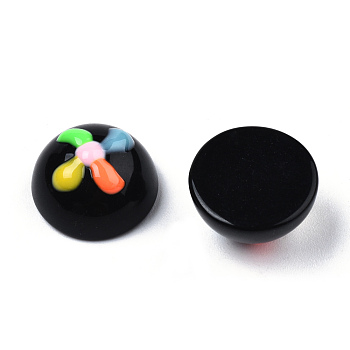 Opaque Resin Enamel Cabochons, Half Round with Colorful Windmill, Black, 15x8.5mm