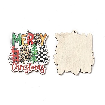 Single Face Christmas Printed Wood Big Pendants, Christmas Tree Charms, Colorful, 50x44.5x2.5mm, Hole: 2mm