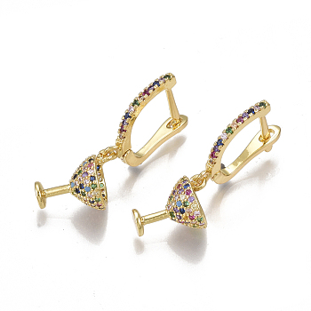 Brass Micro Pave Cubic Zirconia(Random Mixed Color) Dangle Hoop Earrings, Wine Glass, Golden, 33.5mm, Pin: 2x0.8mm