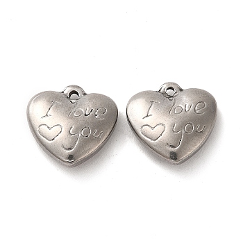 Non-Tarnish Valentine's Day 304 Stainless Steel Pendants, Heart with Word I Love You, Stainless Steel Color, 15.5x16x5.5mm, Hole: 1.2mm