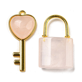 Natural Rose Quartz Pendants, Heart Key & Lock Charms with Golden Plated Alloy Findings, 32.5~38x20~17x6~7mm, Hole: 1.8~2mm, 2pcs/set