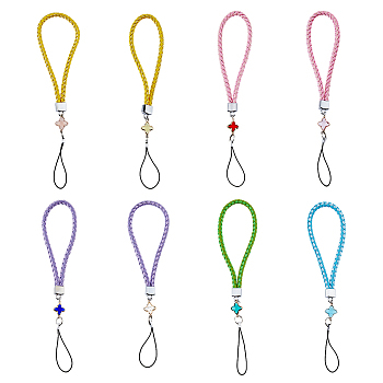 1 Set PU Leather Knitting Wrist Lanyard Hand Mobile Straps, with Iron Findings, Rope and Glass Flower Charms, Mixed Color, 21.5cm, 8pcs/set