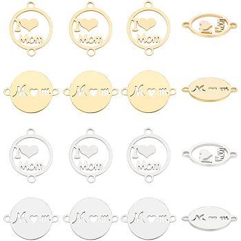 CHGCRAFT 16Pcs 4 Styles 201 Stainless Steel Connector Charms, Laser Cut Links, for Mother's Day, Flat Round with Word MOM, Golden & Stainless Steel Color, 19~20x15x1mm, Hole: 1~1.6mm, 4pcs/style