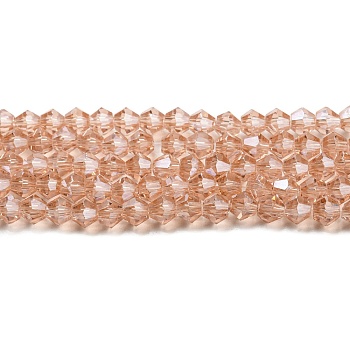 Transparent Electroplate Glass Beads Strands, Pearl Luster Plated, Faceted, Bicone, Pink, 4x4mm, Hole: 0.8mm, about 87~98pcs/strand, 12.76~14.61 inch(32.4~37.1cm)