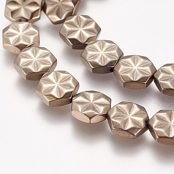 Electroplated Non-magnetic Synthetic Hematite Beads Strands, Grade AA, Hexagon with Flower, Antique Bronze Plated, 9x8x2.5~3mm, Hole: 1mm, about 40pcs/strand, 15.7 inch(40cm)
