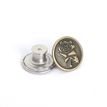 Alloy Button Pins for Jeans, Nautical Buttons, Garment Accessories, Round with Rose, Antique Bronze, 17mm
