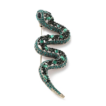 Alloy Rhinestone Brooch, Snake, Emerald, 95x35x14mm