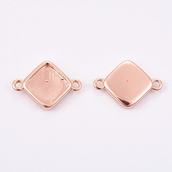 Brass Cabochon Connector Settings, Long-Lasting Plated, Rhombus, Rose Gold, Tray: 10x10mm, 12x17x2.5mm, Hole: 1.4mm
