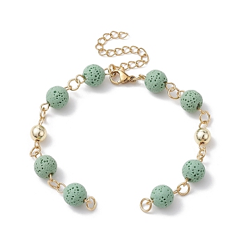 Dyed Natural Lava Rock Round Beaded Chain Bracelet Making, with Golden 304 Stainless Steel Findings, Fit for Connector Charms, Dark Sea Green, 6-3/4 inch(17cm)