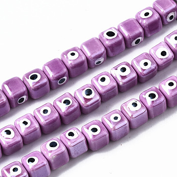 Handmade Porcelain Ceramic Beads Strands, Bright Glazed Porcelain, Cube with Evil Eye, Medium Orchid, 9.5x8.5x8.5mm, Hole: 1.5mm, about 40pcs/strand, 12.99 inch(33cm)