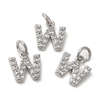 Brass Micro Pave Grade AAA Cubic Zirconia Charms, Letter W, Cadmium Free & Nickel Free & Lead Free, Real Platinum Plated, 8.5x8x1.5mm, Hole: 2mm
