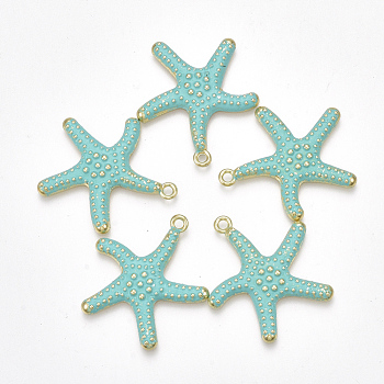 Spray Painted Alloy Pendants, Starfish/Sea Stars, Light Gold, Medium Aquamarine, 29x27x3mm, Hole: 2mm