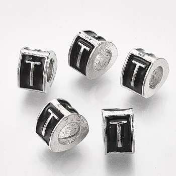 Alloy European Beads, Enamel Style, Large Hole Beads, Triangle with Letter, Platinum, Black, Letter.T, 9.5x9x6.5mm, Hole: 5mm