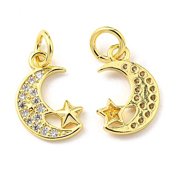 Rack Plating Brass Micro Pave Clear Cubic Zirconia Charms, with Jump Ring, Moon with Star Charm, Real 18K Gold Plated, 12.5x8x1.7mm, Hole: 3.2mm