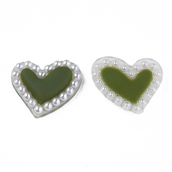 Acrylic Cabochons, with ABS Plastic Imitation Pearl Beads, Heart, Dark Olive Green, 21x24x5.5mm