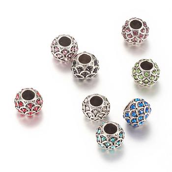 Alloy Rhinestone European Beads, Large Hole Beads, Rondelle, Antique Silver, Mixed Color, 10~11x8.5mm, Hole: 4.5mm