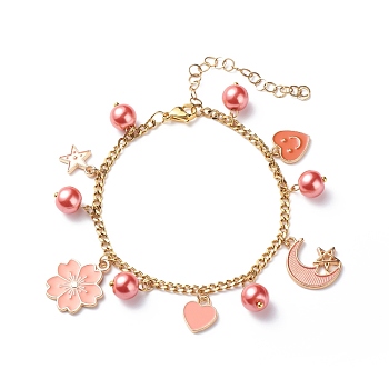 Alloy Enamel & Glass Pearl Charm Bracelet with 304 Stainless Steel Chains for Women, Tomato, Pendants: 11~21x8~18x1.5~8mm, 7-1/2 inch(19cm)