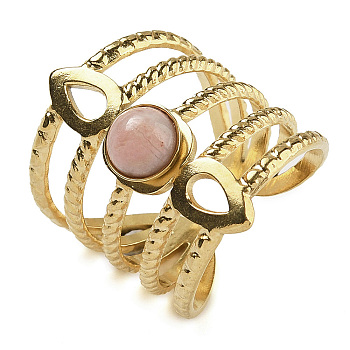 Natural Rhodonite Finger Rings, Teardrop 304 Stainless Steel Multi-layer Open Cuff Rings, Real 18K Gold Plated, 24mm, Adjustable