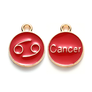 Alloy Enamel Pendants, Cadmium Free & Lead Free, Flat Round with Constellation, Light Gold, Red, Cancer, 22x18x2mm, Hole: 1.5mm