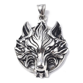 304 Stainless Steel Pendants, Wolf Head Charm, Antique Silver, 47.5x37.5x10.5mm, Hole: 5x8mm