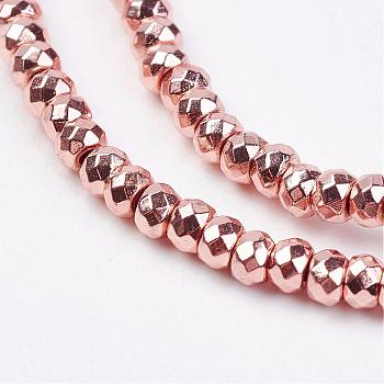 Non-magnetic Synthetic Hematite Beads Strands, Faceted, Rondelle, Rose Gold Plated, 3x1.5mm, Hole: 1mm, about 198pcs/strand, 16.5 inch