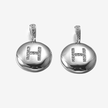 Brass Pendants, with Cubic Zirconia, Cadmium Free & Lead Free, Flat Round with Letter, Platinum, Letter.H, 22mm, Hole: 2x3mm, Pendant: 15x3mm