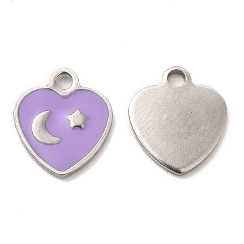 304 Stainless Steel Enamel Pendants, Heart with Moon & Star Charm, Stainless Steel Color, 11x10x1mm, Hole: 1.6mm