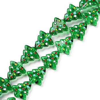 Handmade Bumpy Glass Beads Strands, Dyed & Heated, Dyed & Heated, with Enamel, Christmas Trees, Green, 16~16.5x14.5~15x7~7.5mm, Hole: 1.2mm, about 22pcs/strand, 13.98~14.17 inch(35.5~36cm)
