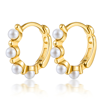 925 Sterling Silver Hoop Earrings, with Plastic Imitation Pearl, Golden, 2mm