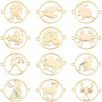 Unicraftale 12Pcs 12 Style 304 Stainless Steel Links Connectors, Flat Round with Twelve Constellation/Zodiac Sign, Golden, 22x18x1mm, Hole: 1.5mm, 1pc/style