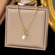 Minimalist Plastic Imitation Pearls Oval Pendant Necklace, Titanium Steel Ball Chain Jewelry for Women, Golden, (ON8995-1)