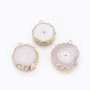 Natural Dyed Quartz Pendants, Solar Quartz, with Golden Plated Edge Brass Findings, Flat Round, WhiteSmoke, 25~42x22~23x4~6mm, Hole: 2.5mm(G-P399-B04)