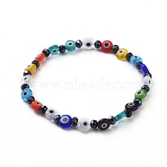 Handmade Evil Eye Lampwork Flat Round Beads Stretch Bracelets, with Faceted Rondelle Glass Beads, Colorful, 2 inch(5cm)(BJEW-JB05005-02)