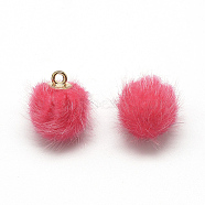 Faux Mink Fur Covered Charms, with Golden Tone Brass Findings, Round, Cerise, 21x18~19mm, Hole: 2mm(WOVE-S084-38M)