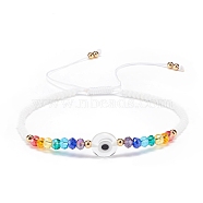 Lampwork Evil Eye & Glass Beaded Bracelet, Braided Adjustable Bracelet for Women, White, Inner Diameter: 2-1/2~3-7/8 inch(6.2~9.7cm)(BJEW-JB08367-06)