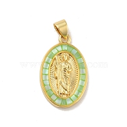 Brass Charms, with Shell, Cadmium Free & Lead Free, Long-Lasting Plated, Oval with Virgin Mary, Real 18K Gold Plated, Lime Green, 22.5x14x3.5mm, Hole: 3.5x3mm(KK-B059-49G-D)