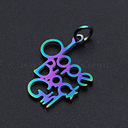 Ion Plating(IP) 201 Stainless Steel Pendants, with Jump Rings, Word Dope Black Girl, Rainbow Color, 20x16x1mm, Hole: 3mm(STAS-N090-T859)