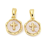 Brass Pave Shell Charms, Flat Round with Cross Charm, Real 18K Gold Plated, 12x10x2.5mm, Hole: 4.8x2.7mm(KK-G490-35G)
