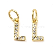 Brass Micro Pave Cubic Zirconia Pendants, with Jump Ring, Letter L, 8~9x4.5~9.5x1.5mm, Hole: 3.6mm(KK-M273-02G-L)
