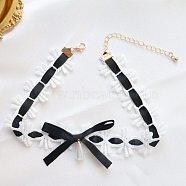Cloth Bowknot Choker Necklaces, with Imitation Pearl Beads, Black, 11.81 inch(30cm)(PW-WG51548-07)