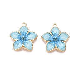 Rack Plating Alloy Enamel Pendants, Cadmium Free & Nickel Free & Lead Free, Light Gold, Flower Charm, Sky Blue, 27.5x25x3.5mm, Hole: 2mm(ENAM-N056-365KCG-04)