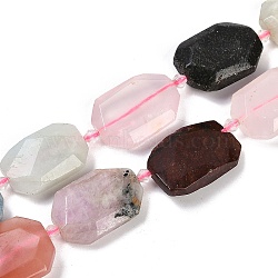 Natural Quartz Crystal/Rose Quartz & Agate/Tourmaline & Indian Agate Beads Strands, Faceted, Rectangle, with Seed Beads, 21~22x15~17x7~8mm, Hole: 1mm, about 16~20pcs/strand, 15.35~15.75''(39~40cm)(G-B125-P26-01)