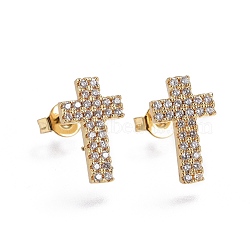 Brass Micro Pave Cubic Zirconia Stud Earrings, Cross, Golden, Clear, 13.5x8x2mm, Pin: 0.7mm(EJEW-L224-27G)